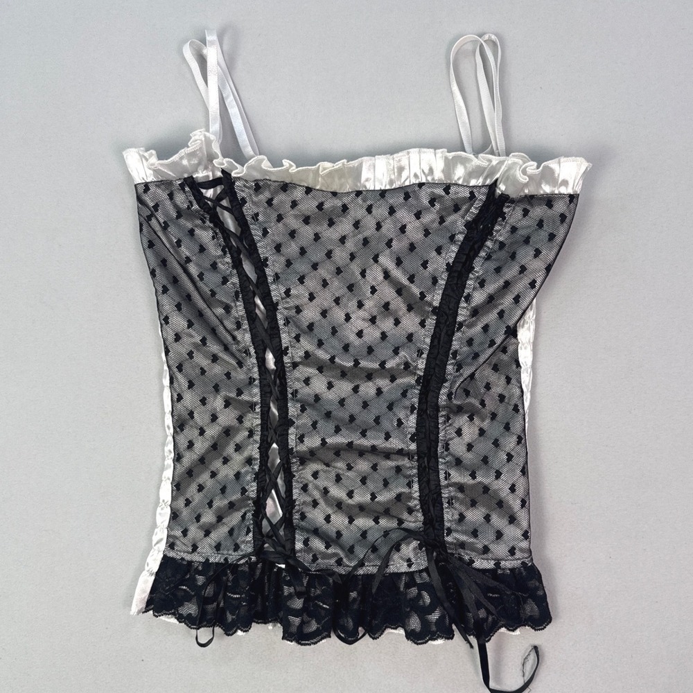 Patty Womens Heart Mesh Corset Style Camisole Top Black White Smocked Small
